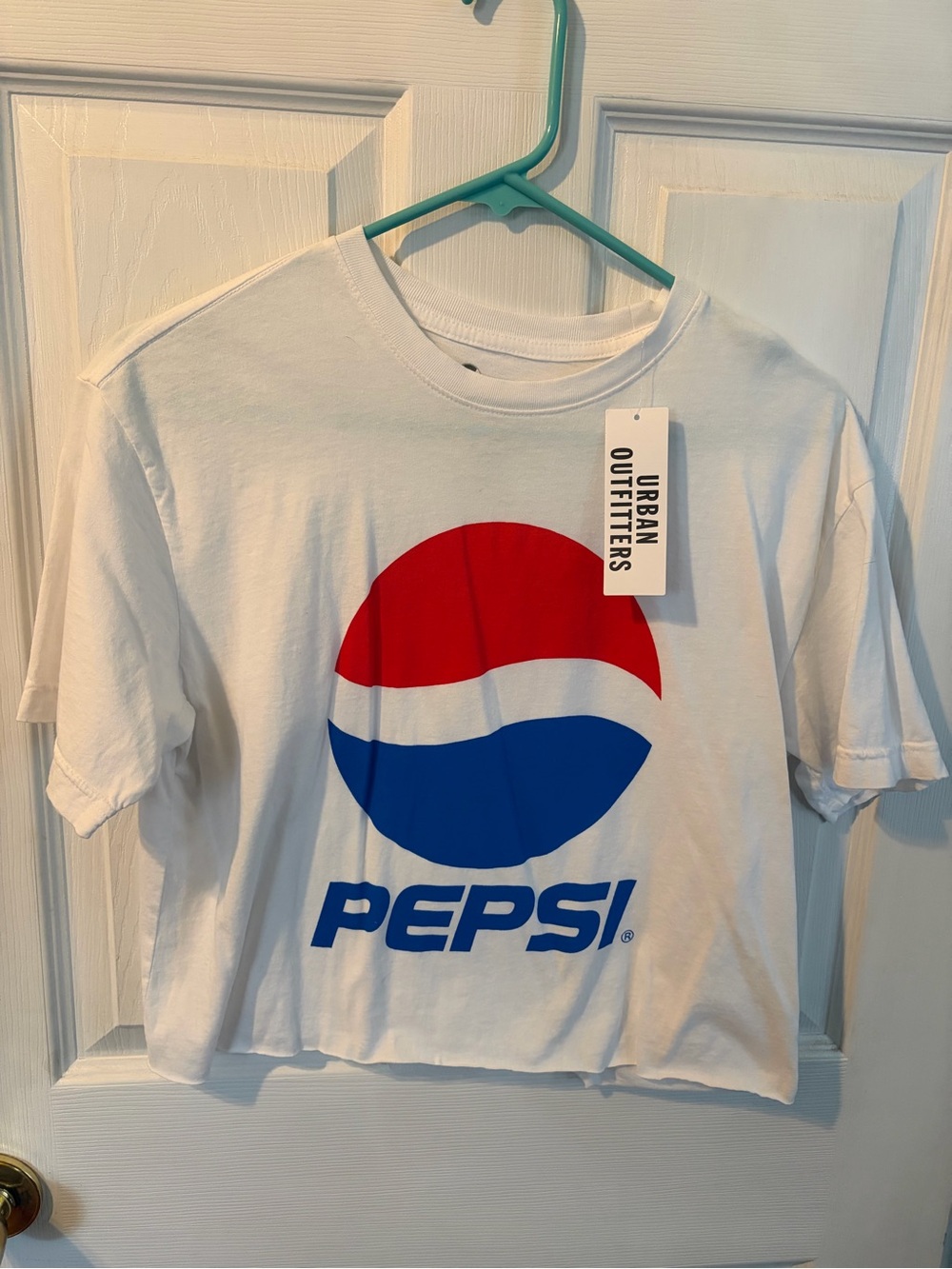 Pepsi x Urban Outfitters White Cropped Tee with Vintage Red and Blue Logo